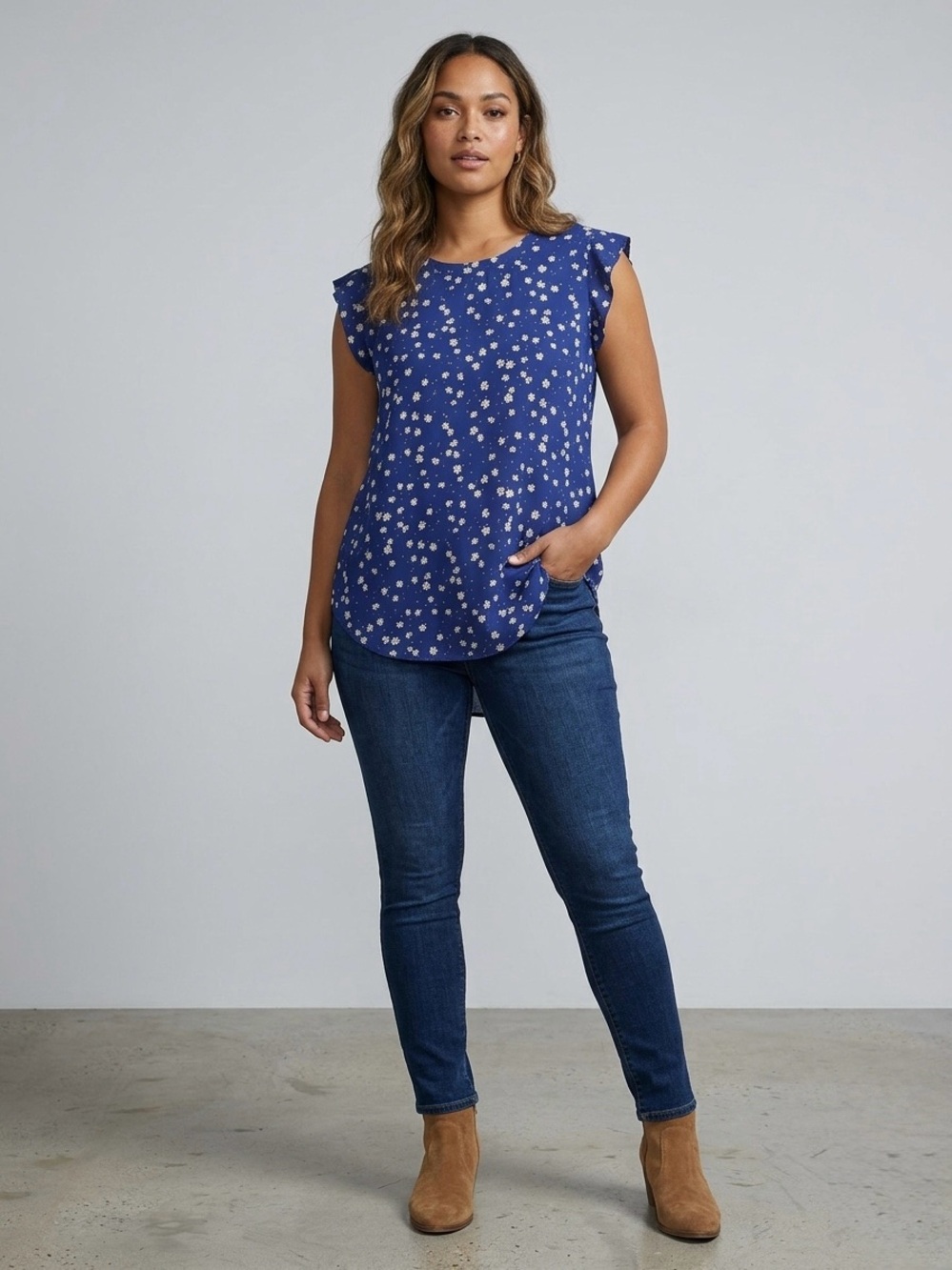 Pleione Blue Floral Short-Sleeve Top